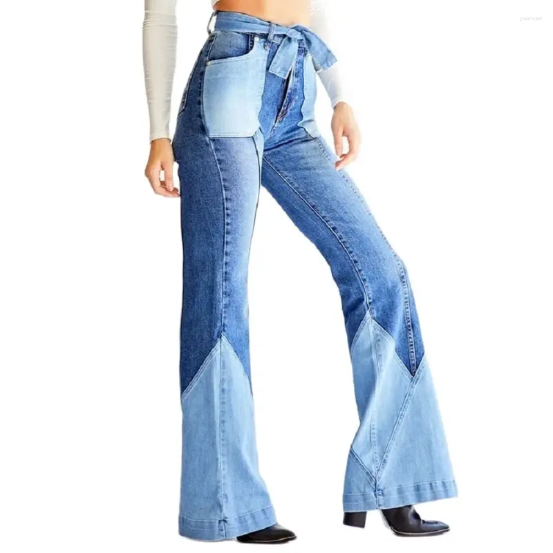 Jeans femininos sexy para mulheres com cintura alta com cintura banda de retalhos de retalhos de perna larga calça jeans longa moda slim girl's y2k