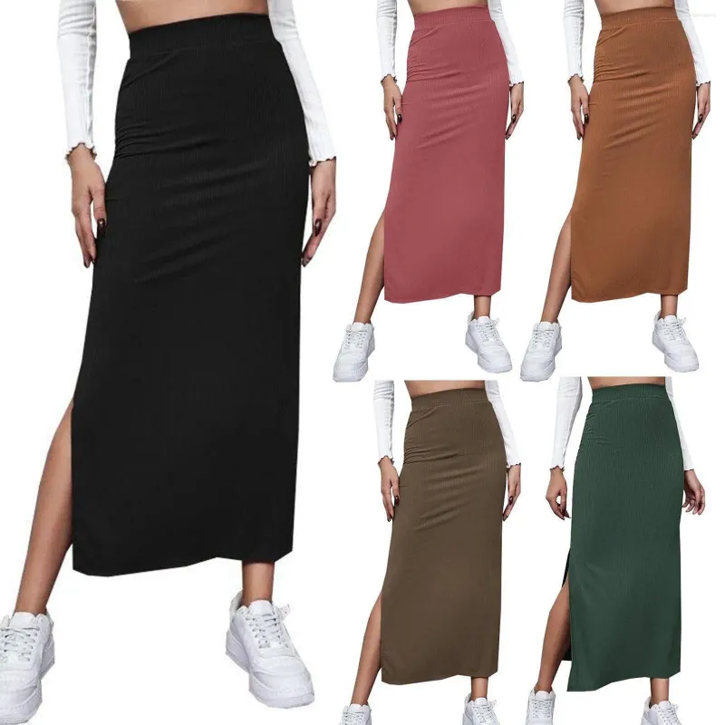 Kjolar kvinnors fasta färg skinkor inslagna kjol med slits lång klänning kostym elegant a-line tight montering casual for women