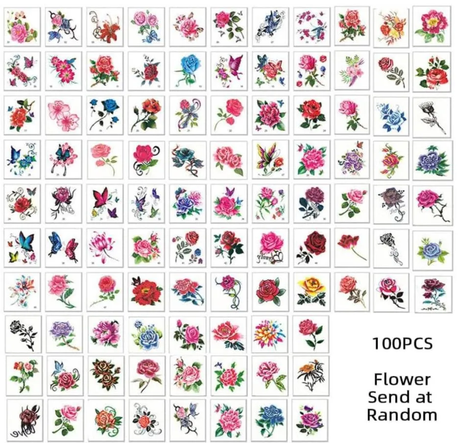 100pcs Tattoo temporário adesivos Flores Braços de gato Tattoo tatuagem Arte corporal colorida Rosa impermeável Fake for Kids and Women5235264