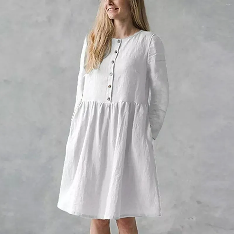 Robes décontractées Fashion Fashion Couleur massive ronde bouton de poche à manches longues en lin en coton de coton Mesdames Summer blanc