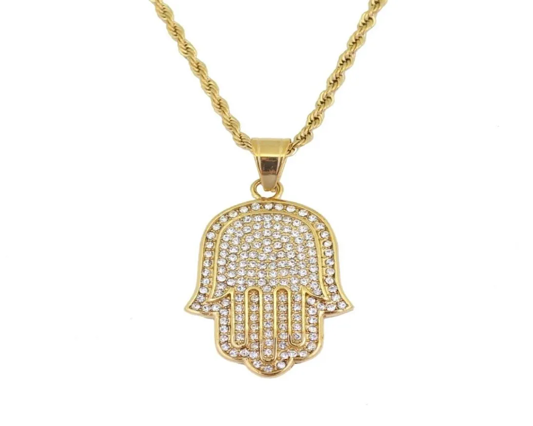 Hip Hop Hamsa Diamonds Hanger Kettingen voor mannen Women Hand van Fatima Amulet Ethnic Luxury Necklace roestvrijstalen Cubaanse ketens J1645006