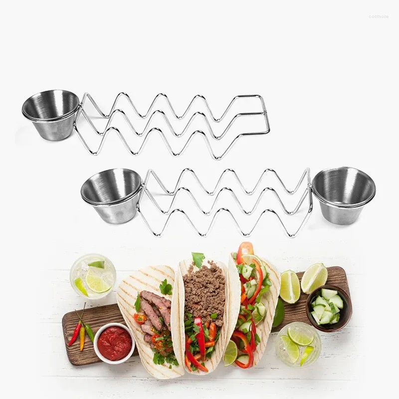 Plates Taco Holder Stand Set With Sauce Bowl Stainless Steel Wave Shape Bar Serving Dishes Portable Pizza Roll Shelf Burrito Chips Rack