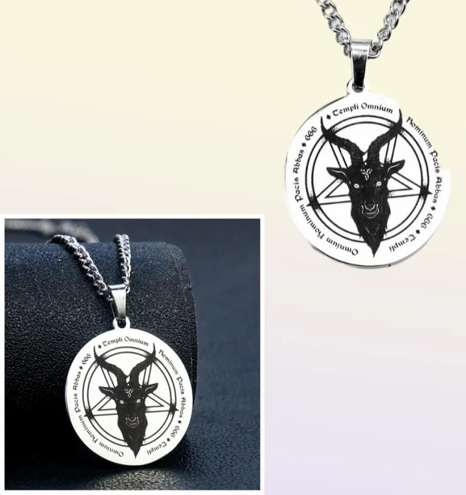 Pendant Necklaces Weatern Stainless Steel Lucifer Satan Necklace 666 Demon Round Pentagram Solomon Skull Goat Head Unisex Jewelry 3045485