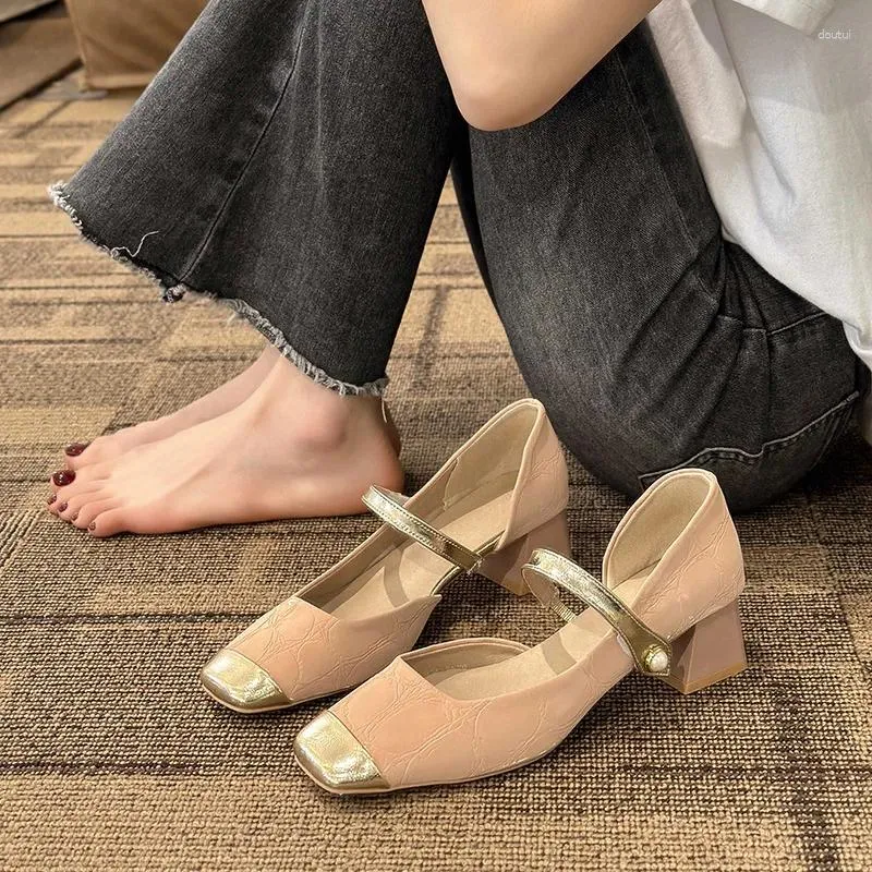 Dress Shoes Mary Jane Women Solid Colour Shallow Single Square Toe Spring Summer Pumps Buckle Strap Elegant Woman Heeled