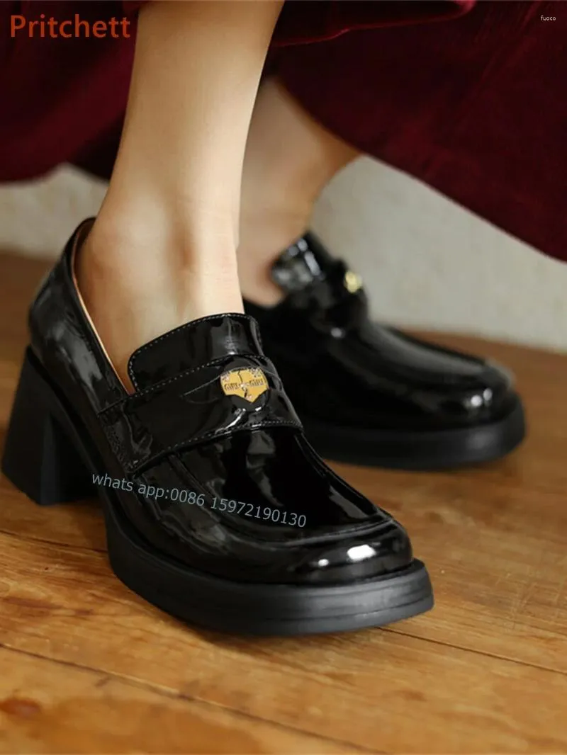 Casual Shoes Square Toe Chunky Heel Pumps Solid Black Patent Leather Metal Decoration Platform Slip On Sewing Spring Concise