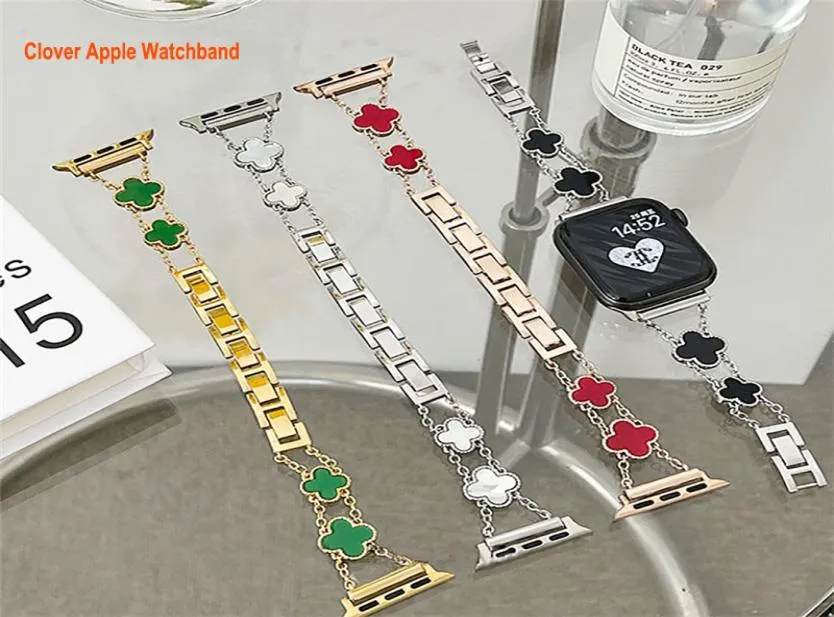 Dört Yaprak Yonca Akıllı Kayışlar Saat Band 38mm 40mm 41mm 42mm 44mm 45mm Kadın Küba Zinciri Rhinestone Yedek Kayış Uyumlu Iwatch Serisi 8 7 6 5 4 3 2 12070243