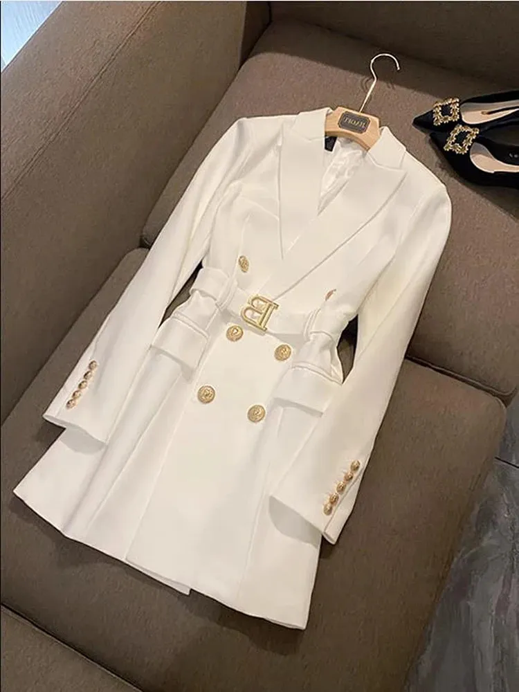 Office Lady Double Breasted Blazer Dress Women Spring Notched Long Sleeve White Black Mini Dresses Vestidos 240415