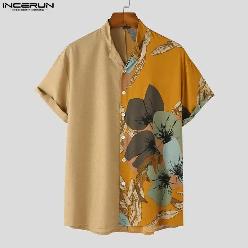 Camicia da uomo Stampa patchwork bavaglio a maniche corta abbigliamento vintage abbottonate camicie casual estate s5xl incerun 240415