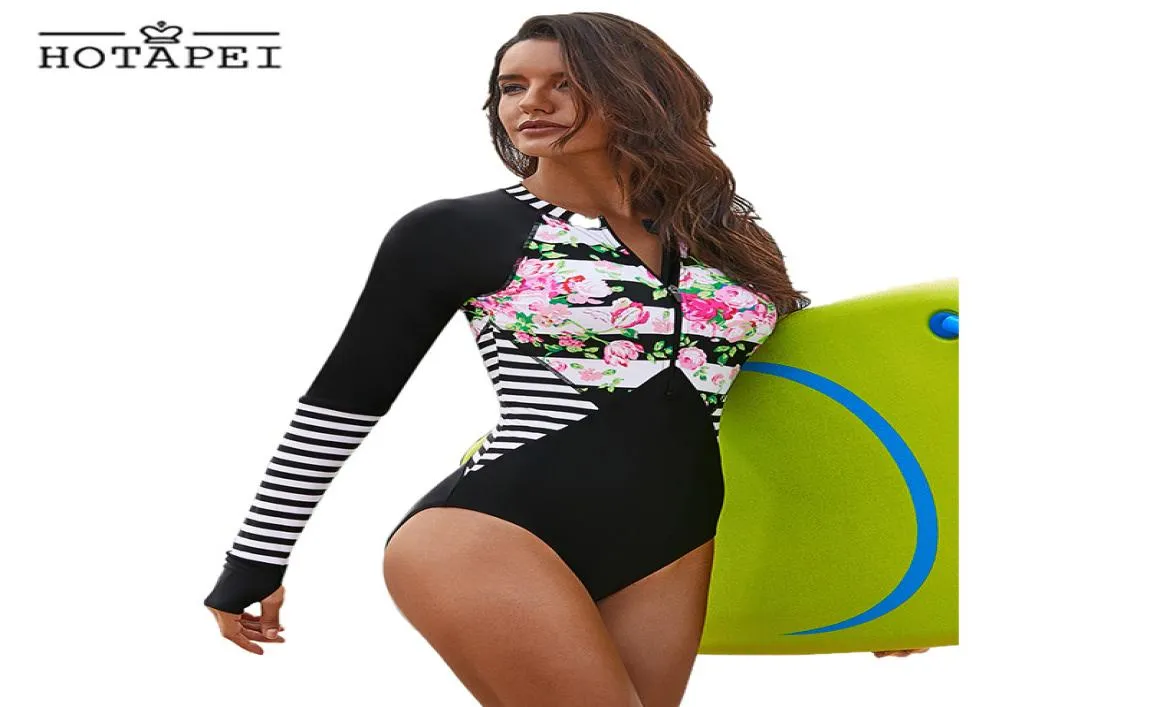 2019 New Print One Piece Swimsuit Long Sleeve Swimwear Women Zipper Bathing Suit Retro Sport Bodysuit Surfing Swim Wear7834153
