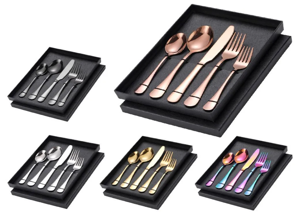 Upscale 5pcsset Tableware Set Rose Golden Spoon Fork Knife Dinnerware Set Black Flatware Sets Colorful Rainbow Gold Cutlery Box3059392