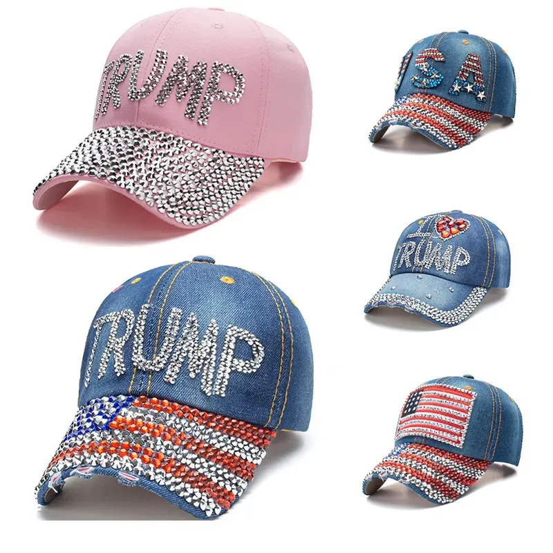 Trump 2024 Baseball Cap Party Hat Election Campaign Cowboy Caps Adjustable Snapback Women Denim Diamond Hats