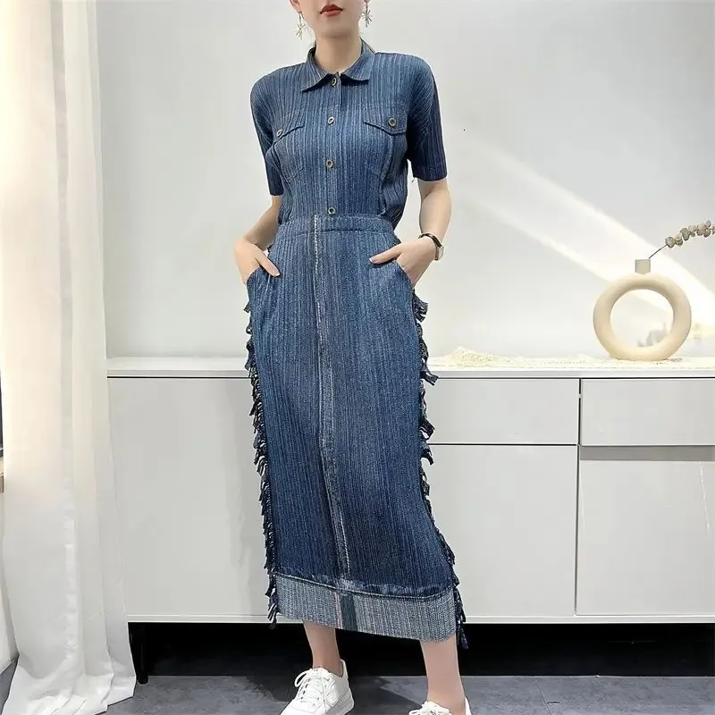 YUDX Miyake Pleated Denim Suit Spring Summer Short Sleeves Coat Casual Pants Fashion TwoPiece Women 240415