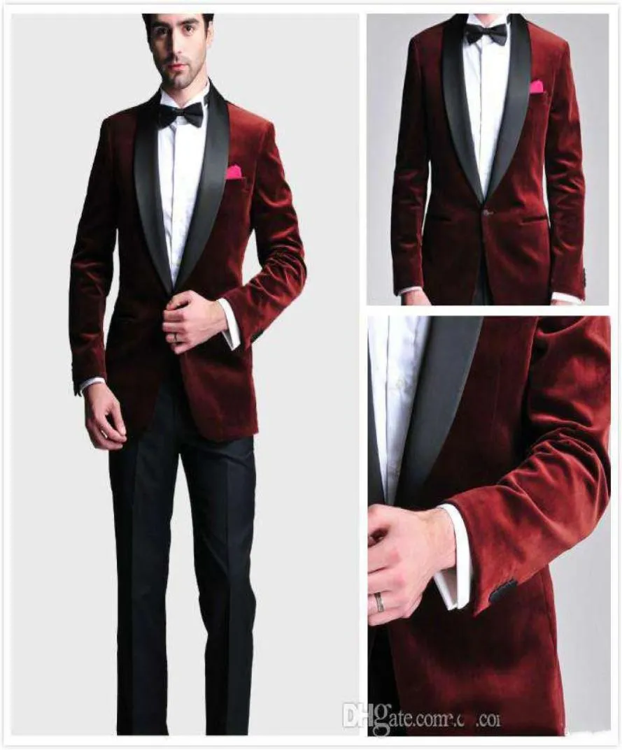Burgundy Velvet Slim Fit 2016 Groom Tuxedos Suits Wedding Suits Niestandardowy Groomsmen Man PROIT SUITS Black Pants Kurtka Katbow6853470
