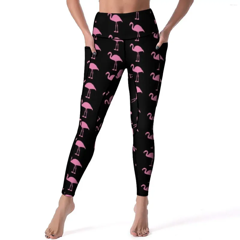 Active Pants Funny Birds Print Leggings Pink Flamingos Fitness Yoga Push Up Vintage Sport Pockets Elastic Graphic Leging