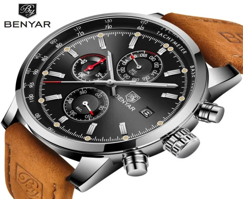 Benyar Men Watch Top Brand Luxury Male Leather Quartz Chronograph Militär vattentät handledsklocka Män sportklocka Relojes Hombre Y4924952