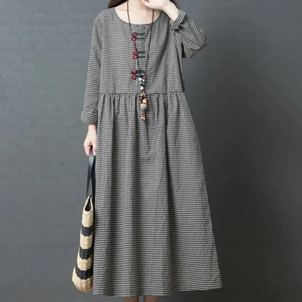 Summer WomenS Loose Fashion For Women Big Code Girl Japanese Style Linen Long Sleeve Checked Dress Boho Beach Maxi Sundress 240415