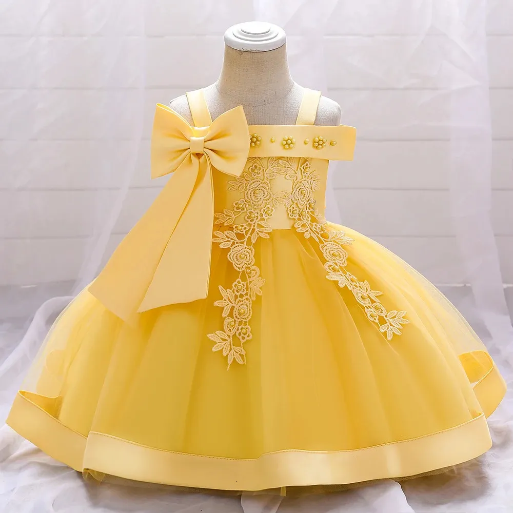 Bow Summer Dresses Infant Baby Girl Birthday Party Dress Lace Flower Born Princess Clothes Toddler Baby Girls Wedding Gown 240412