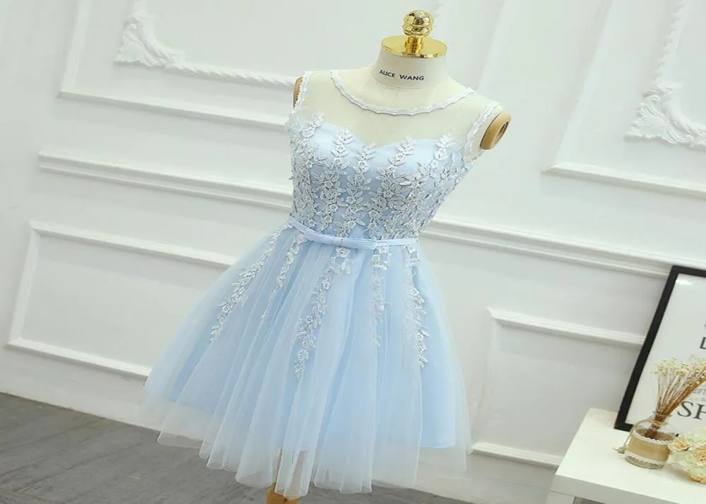 Lovely Sky Light Blue Homecoming Dresses Short Party Dresses Zipper Back Soft Tulle Lace Dress Real Pictures8459476