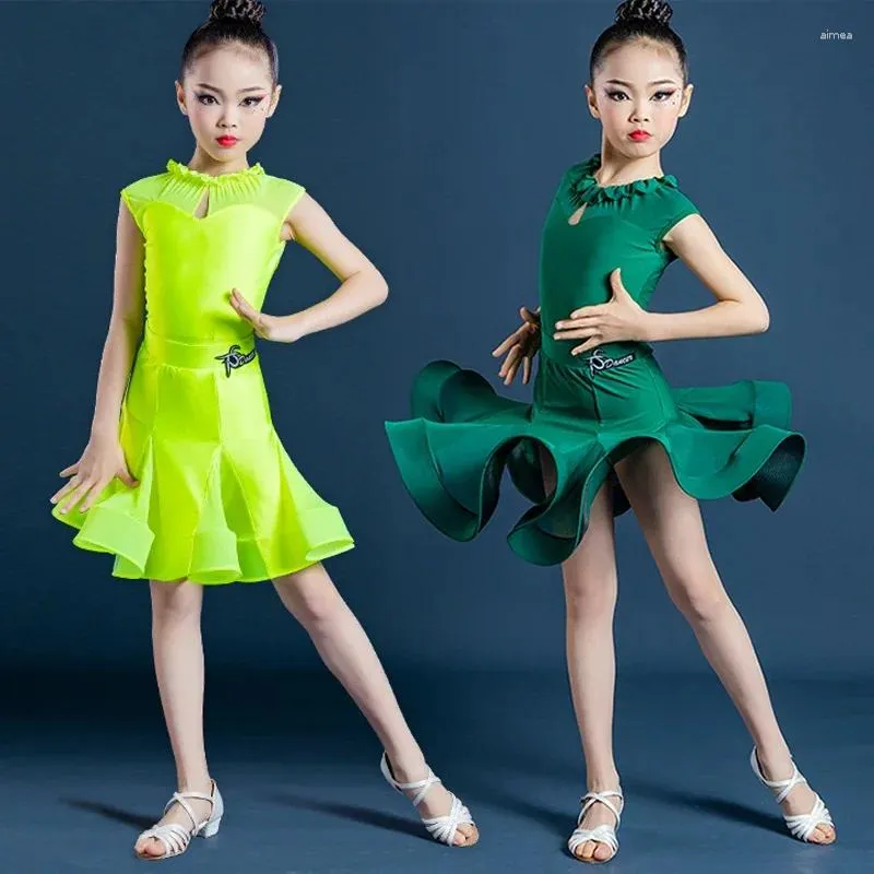 Stage Wear Children's Latin Dance Competition kleding Mouwloze Tops Rokken Split Dress Salsa Ballroom Tango Chacha Dancewear2024