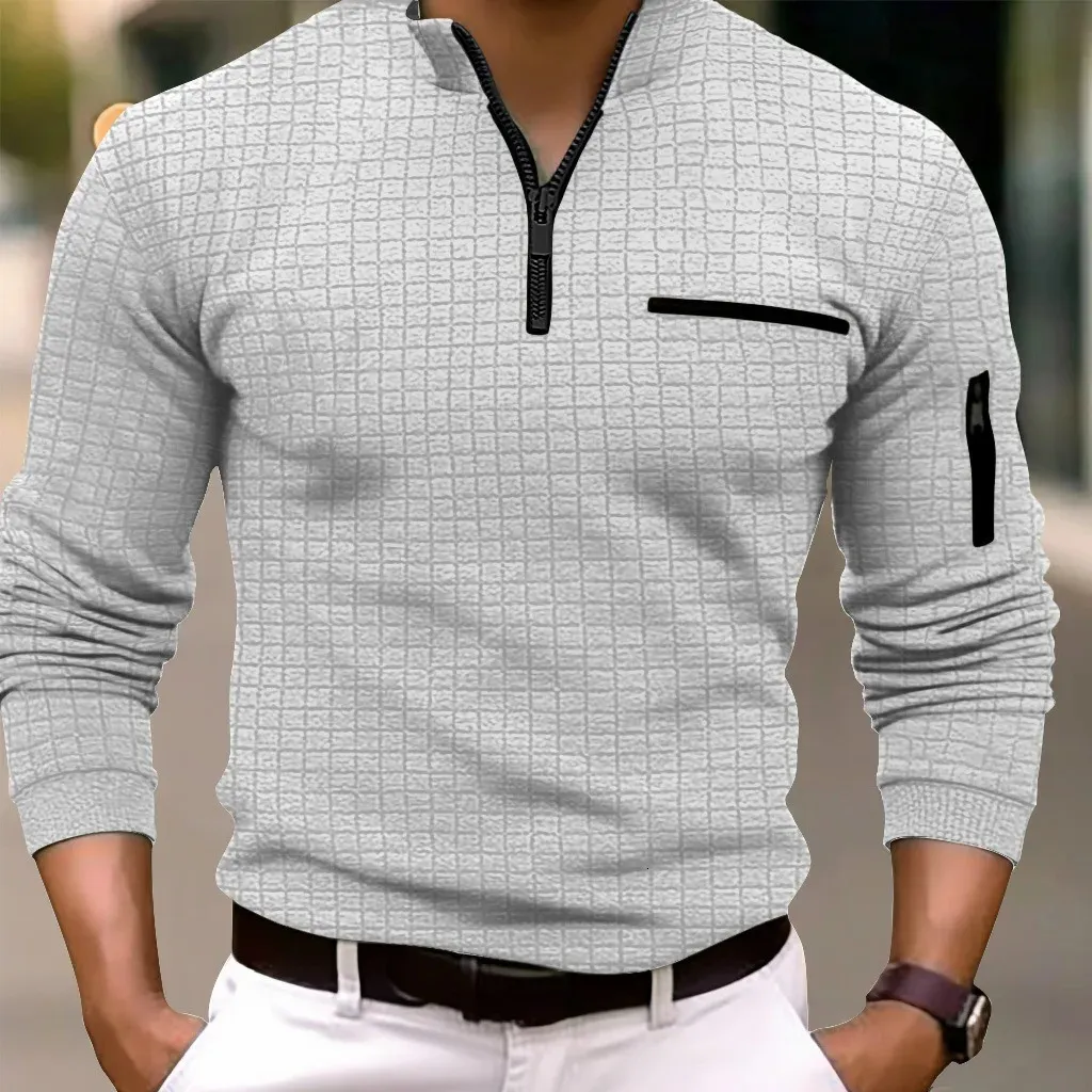 Spring and autumn fashion mens casual cotton long sleeve Polo shirt pocket zipper standing collar mens shirt Polo 240412