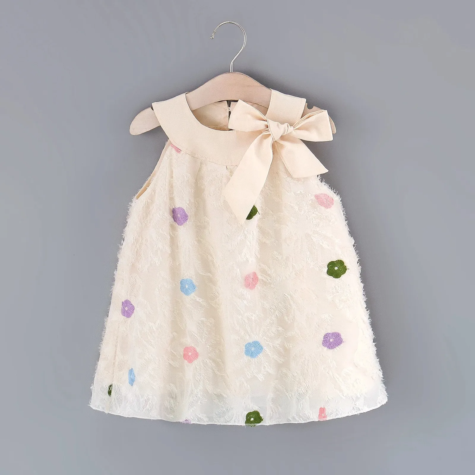 Mädchen sommer ärmellose Kleidung Kinderrunde Hals bunte süße Blume Big Bow Baby Quasten Prinzessin Kleid 240412