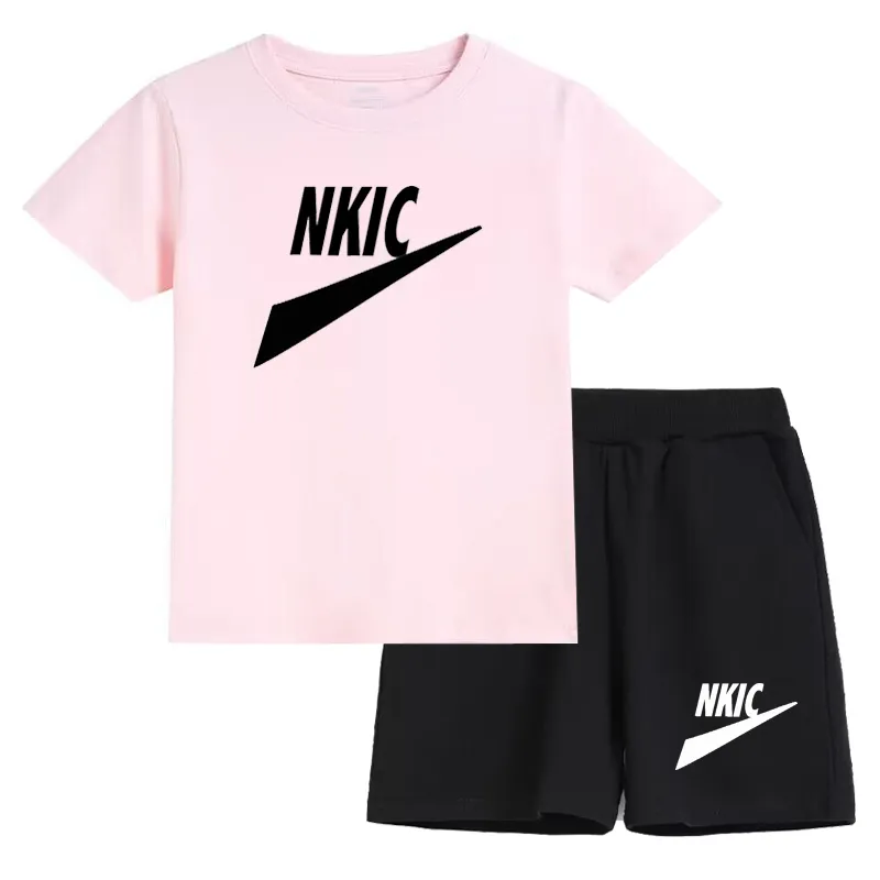 Summer Brand White Black T-shirt Shorts Children's Short Sleeve Set 100% Cotton Tees Tracksuits Boys Girls Clothes Casual Two Piece 1-15 Years
