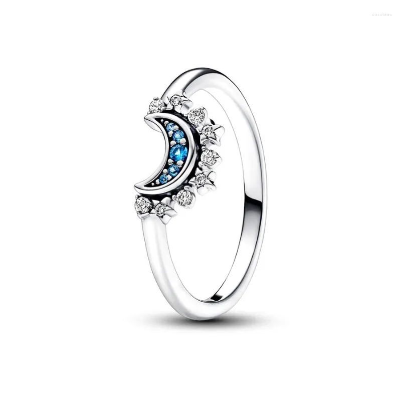 Anelli a grappolo 2024 925 Sterling Silver Celestial Blue Sparkling Moon for Woming Wedding Engagement Ring Bague di gioielleria originale