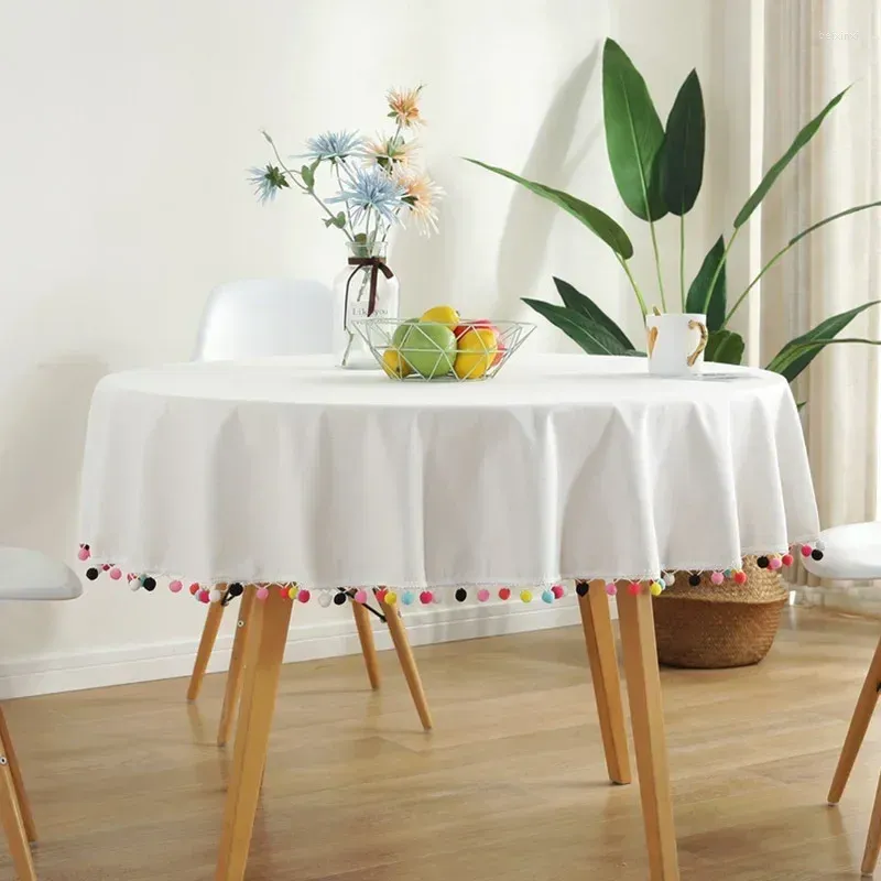 テーブルクロスコリアンコットンリネンソリッドカラフルなヘアボールティーマップカバーのためのタッセル装飾テーブルクロスラウンド
