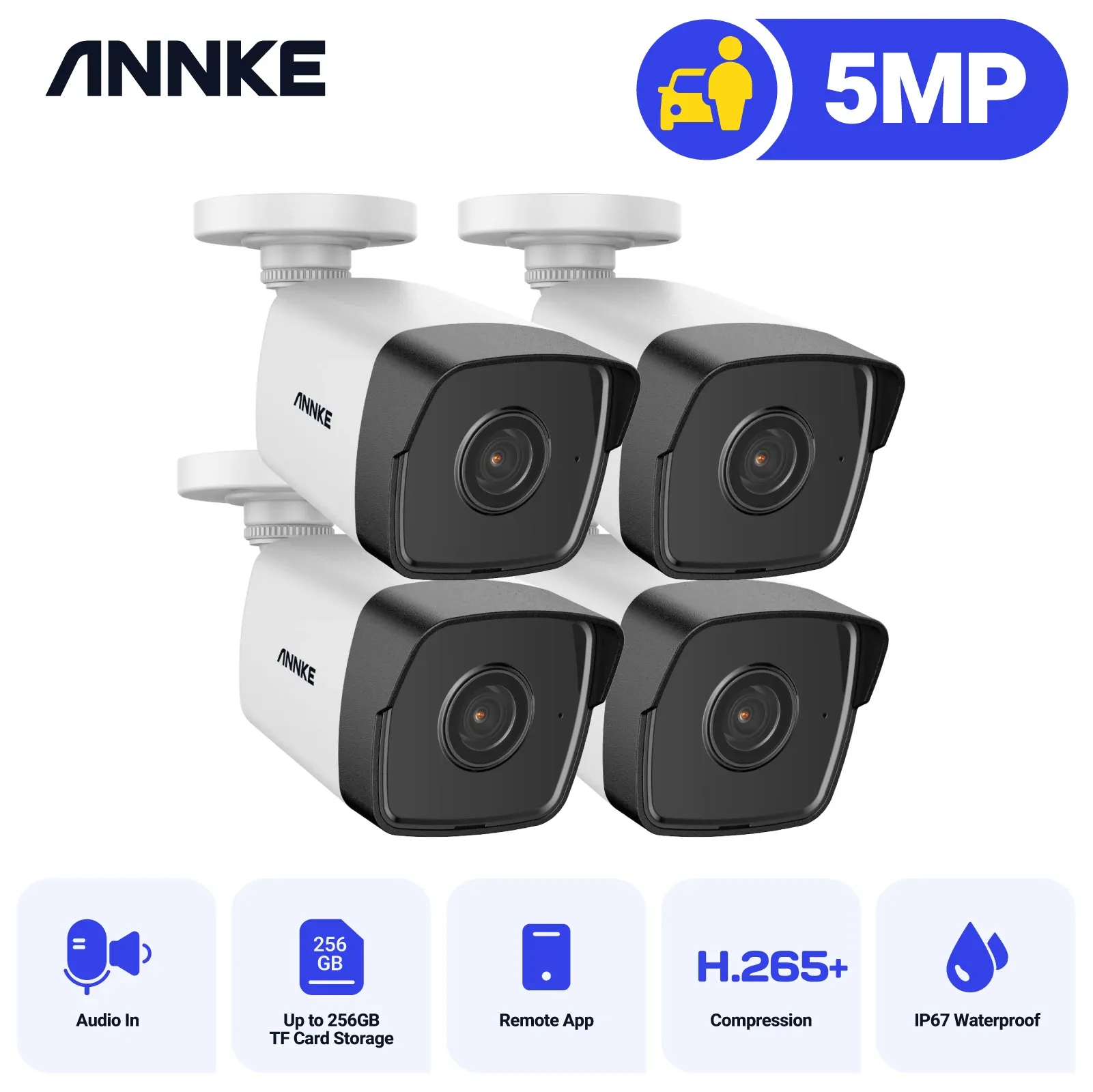 SYSTEEM ANNKE 4PCS C500 HD 5MP POE IP CAMERA 5MP Security Camera Outdoor Indoor met audio -opname Video 5MP Surveillance Cameraskits