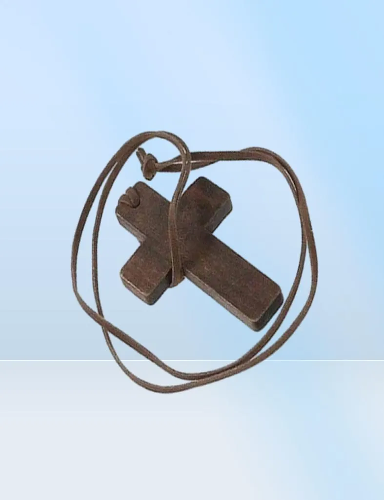 Vintage Wood Cross Anhänger Halskette für Frauen Männer Massive hölzerne Halskette Langes Lederketten Seilkette9723753