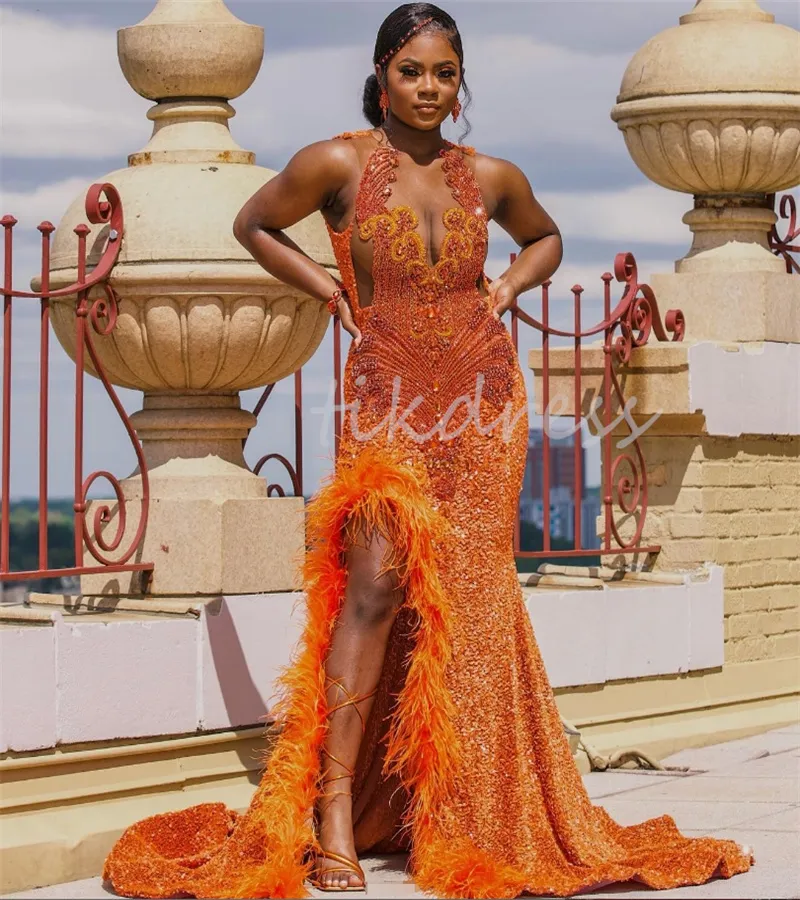 Stunning Orange Sequin Mermaid Prom Dress 2024 Plus Size Elegant Feather Evening Gown with Slit Crystal Detail