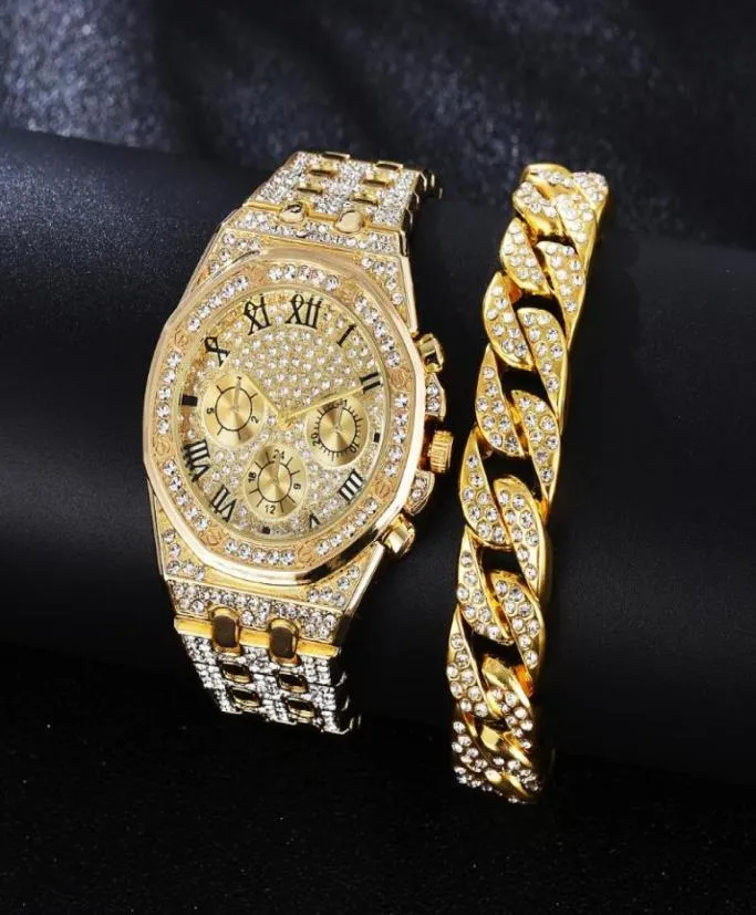 Pulseira de pulso Icepto legal Pulseira de relógio para homens Casal de Luxury Watches Gold Diamond com jóias da corrente cubana Drop2076461