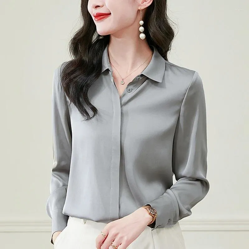 Boulons pour femmes Real Silk Basic Shirt Boutons à manches longues Shirts de mode élégants pour femmes Tops Office Lady Work Wear Chemis