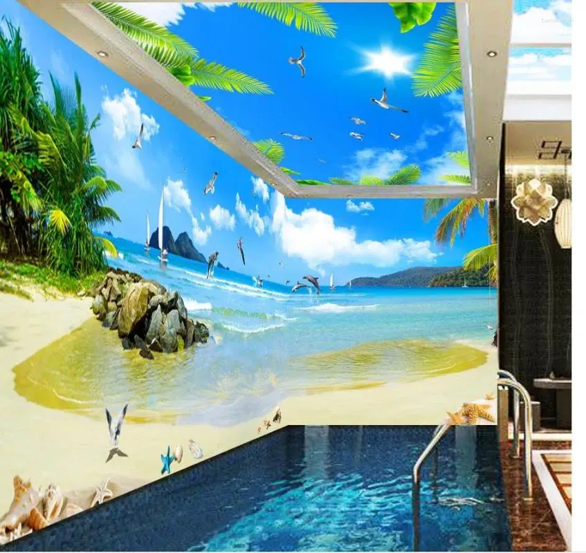 배경 화면 PO 벽 벽화 장식 몰디브 SEAVIEW 코코넛 나무 공간 3D 벽지
