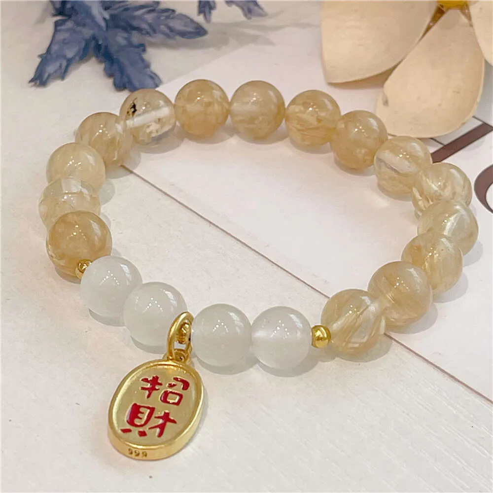 INS Korean Style Yellow Crystal Bracelet Single Loop Fashion Women's White Cat Eye Stone Sand Gold Handchain Jewelry