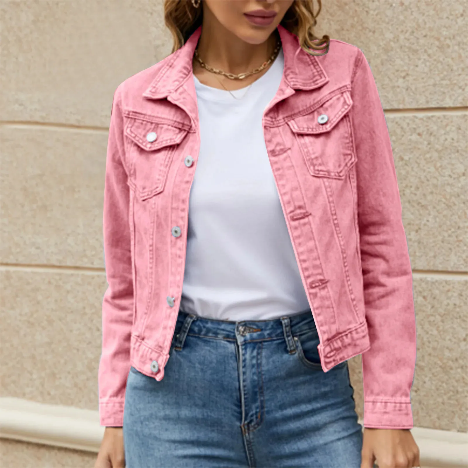 Vêtements féminins en denim en denim Basic-bouton solides couches sur les vestes à manches longues à collier