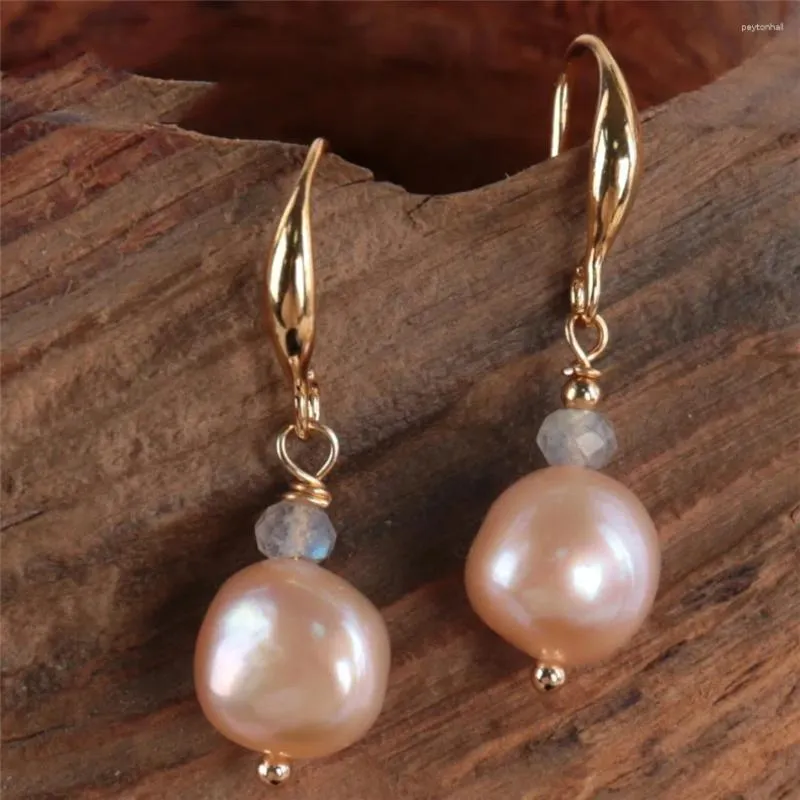 Kolczyki Dangle Natural Pink Pearl Moonstone Stone Earring 18kgp kobiety srebrne mężczyźni ręcznie robione stadnina