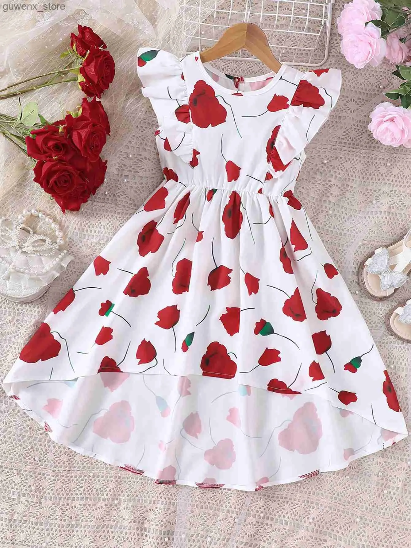 Girl's Dresses Girls summer new casual vacation style small fly sleeve dress sweet ruffle tuxedo dress Y240415