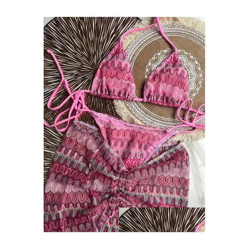 Women'S Swimwear Womens Zigzag Bikini Three Piece With Skirt Knitting Bikinis Swimsuit Push Up Beachwear 230707 Drop Delivery Apparel Dh3Tj