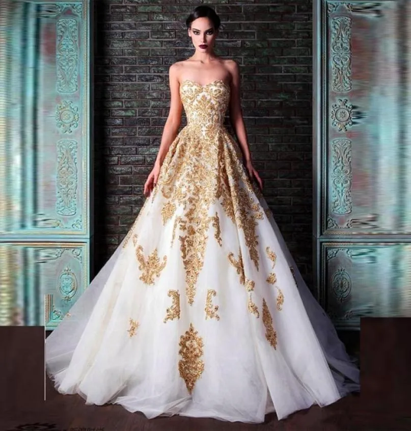 Abiye Selling Evening Dresses Rami Kadi Sweetheart Golden Appliques Beaded Crystal Accented White ALine Formal Prom Dresses N3757033