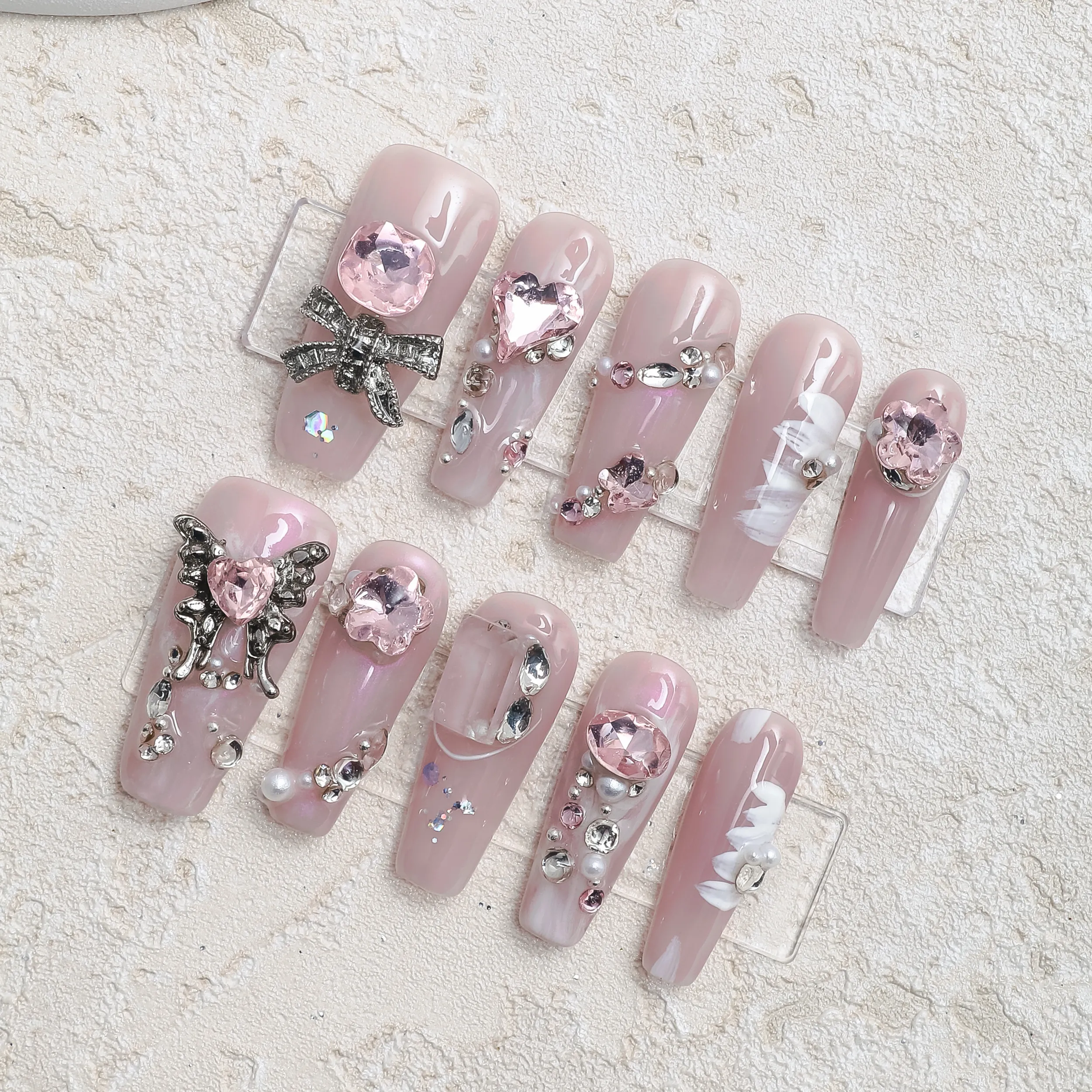 Sisful Butterfly Kiss - Elegant Floral Long Coffin Press -on Nail Set