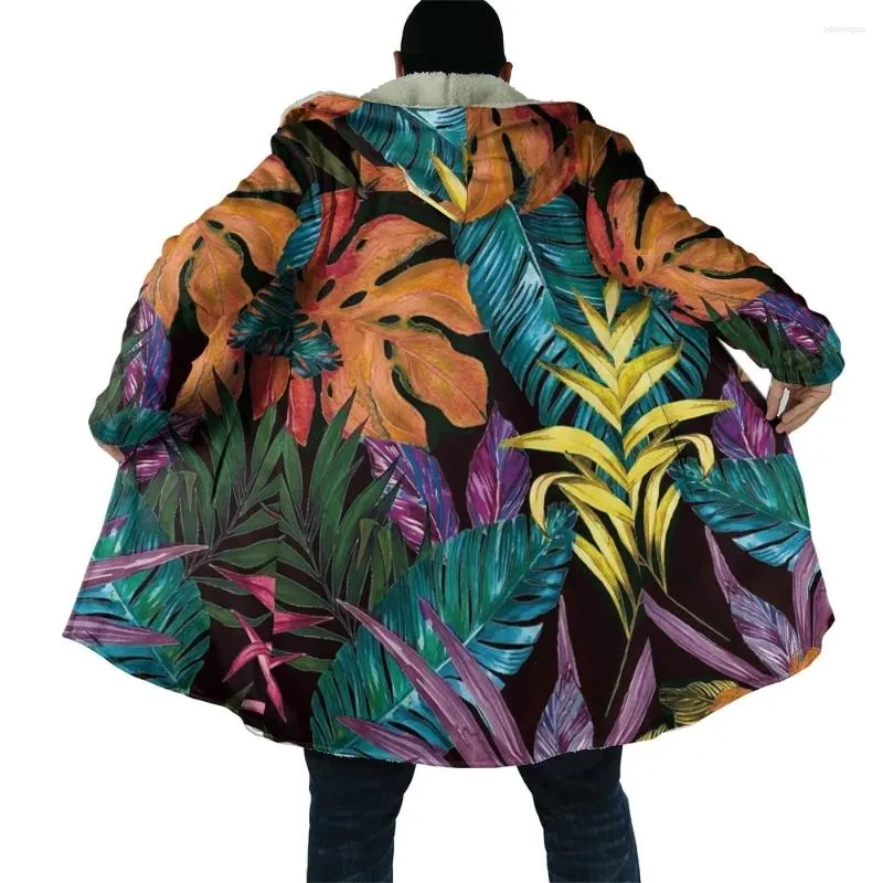 Men's Trench Coats Winter Men Hooded Cloak Plants Flowers Bohemia Stye Graphic Print Fleece Wind Breaker Unisex Casual Thick Warm Hood