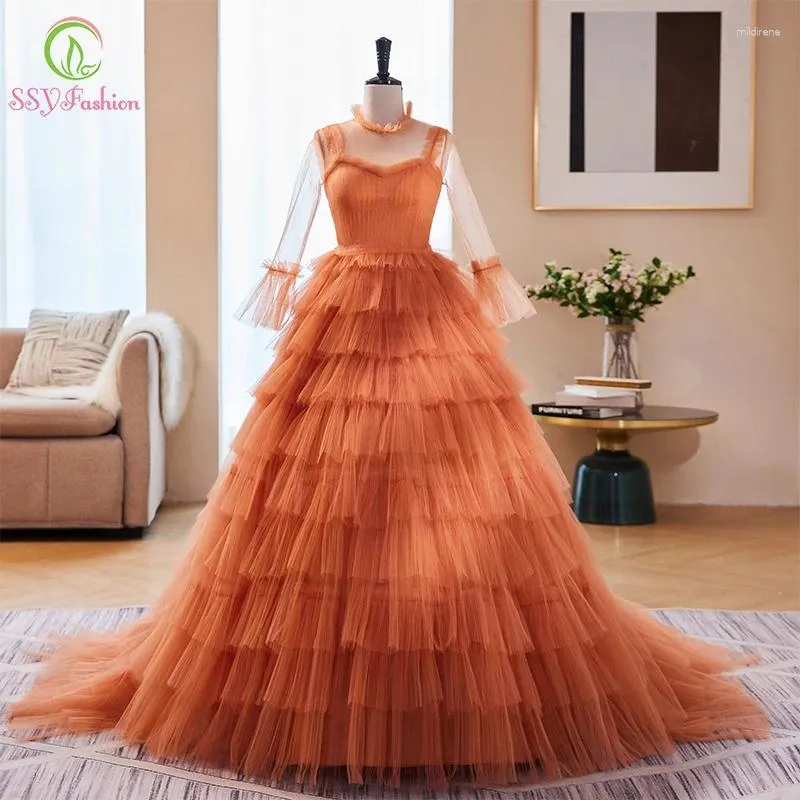 Party Dresses SSYFashion Orange Prom Dress For Women Romantic Princess Long Sleeve Cake Style Puffy Skirt Sweet Girl Evening Gowns