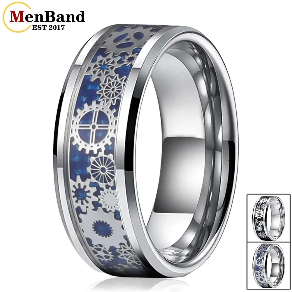 Men Women Wedding Band Tungsten Carbide Ring met mechanisch tandwielwiel en koolstofvezel inleg 6 mm 8 mm comfort Fit 240415