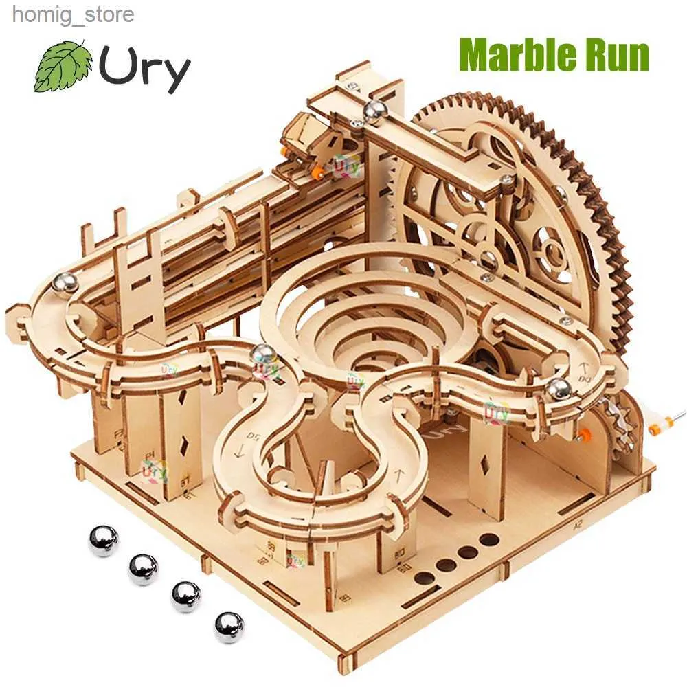 3D -pussel Ury 3D träpussel katapult spår enhet marmor run set mekanisk manuell modell vetenskap maze 4 bollmontering leksak gåva till barn y240415