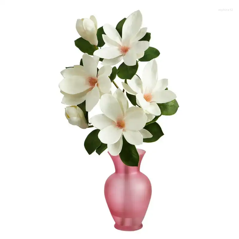 Decorative Flowers White Japanese Magnolia Artificial Flower Arrangement In Rose Colored Vase