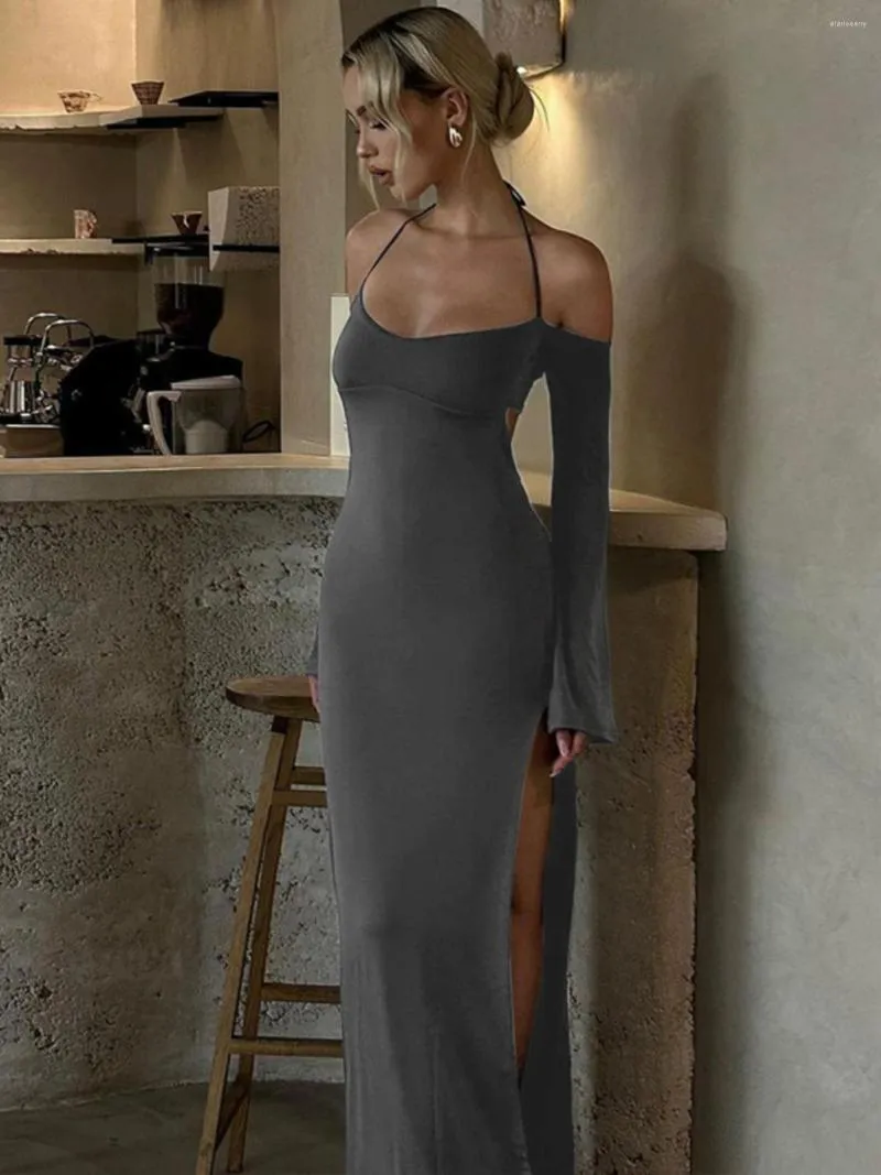 Lässige Kleider schlanker Off-Shoulder Long Sleeve Halfter Kleid Frühherbst sexy offene Rückenscheide Split Mode