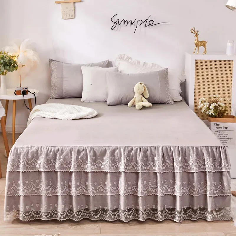 Saia de cama de bonenjoy color sólida picada de renda cover Falda de Cama Skinflely Mattress Protector sem travesseiro 240415