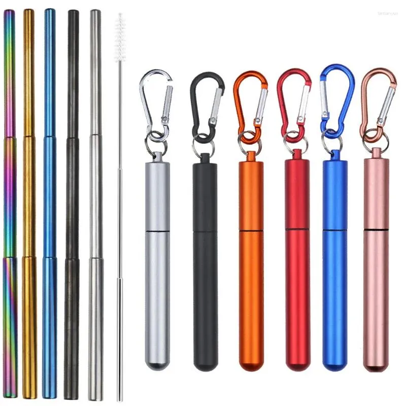 Drinking Straws Reusable 304 Stainless Steel Straw Three Sections With Aluminum Alloy Storage Tube Foldable Metal Beverage