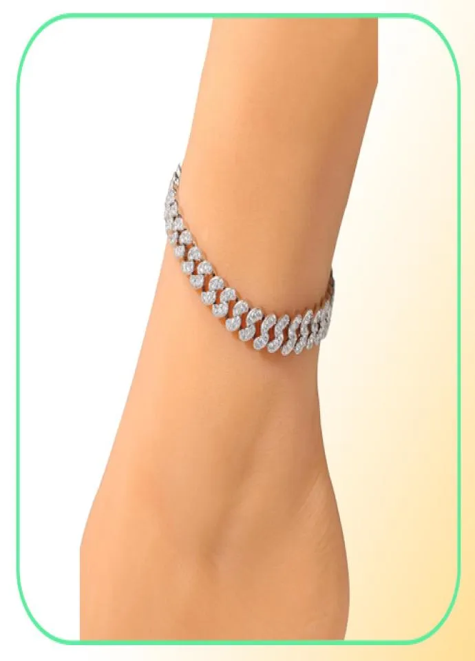 Moda damska bransoletka lodowana kubańska łańcuch linków kostki bransoletki złota srebrna różowa biodra biodra 77727696